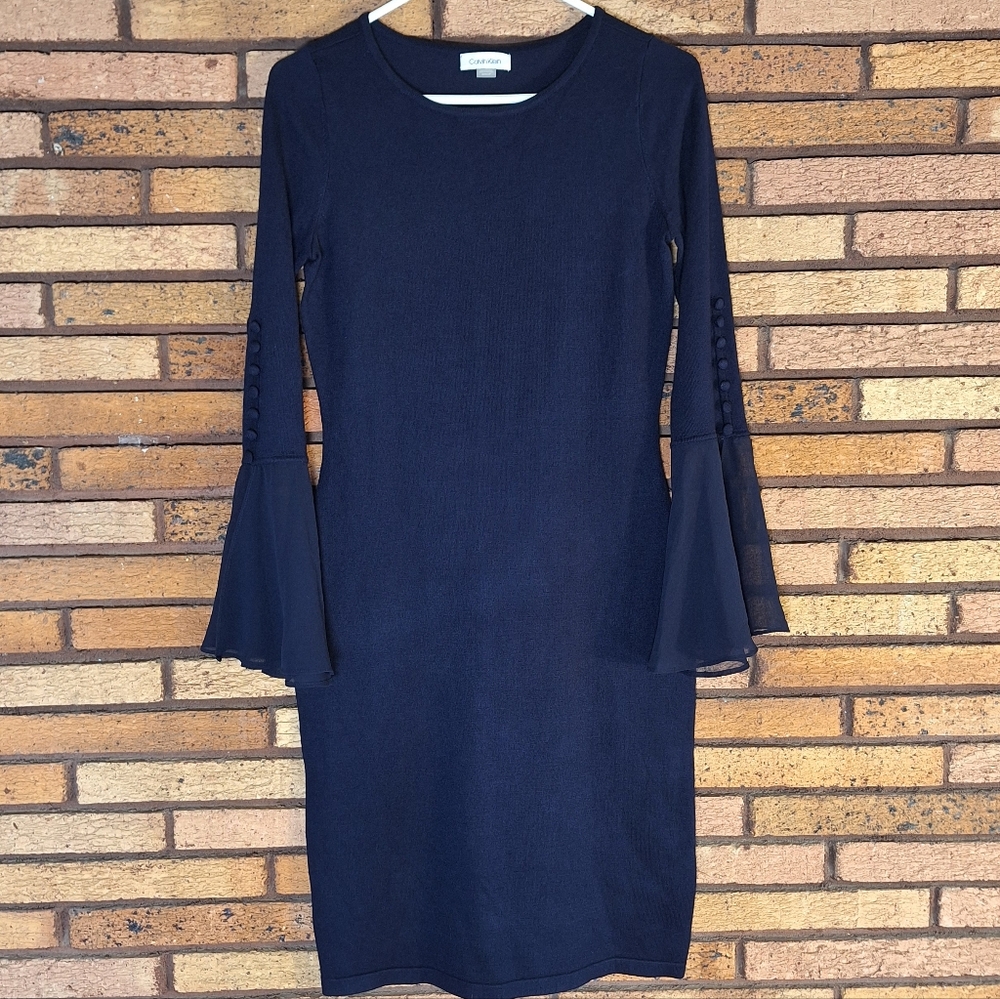 Calvin Klein Small Navy Long Chiffon Trim Belle Sleeve Knee Length Crepe Sheath